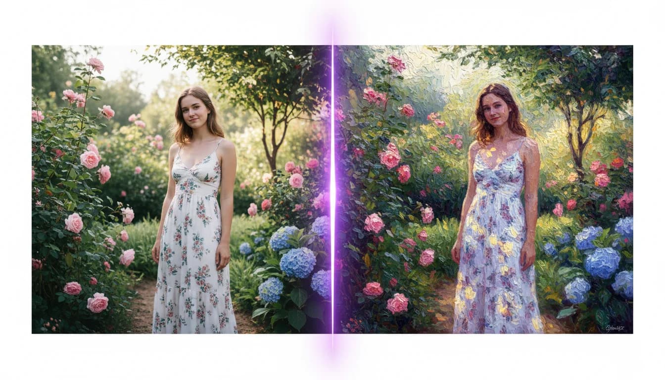 AI art generator from photo — before and after showing original photograph transformed into stunning impressionist AI artwork with LUNA