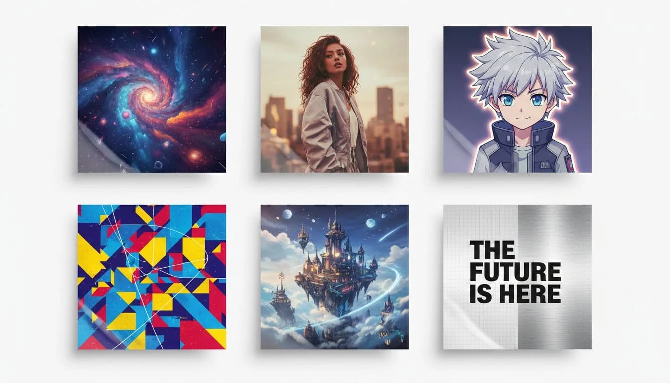 AI art generator use cases — phone wallpapers, social media content, AI portrait profile pictures, album covers, and poster designs created with LUNA