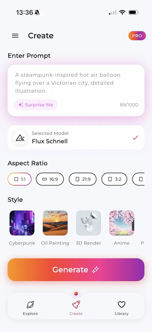 LUNA AI Art Generator app screenshot – create stunning AI art from text prompts